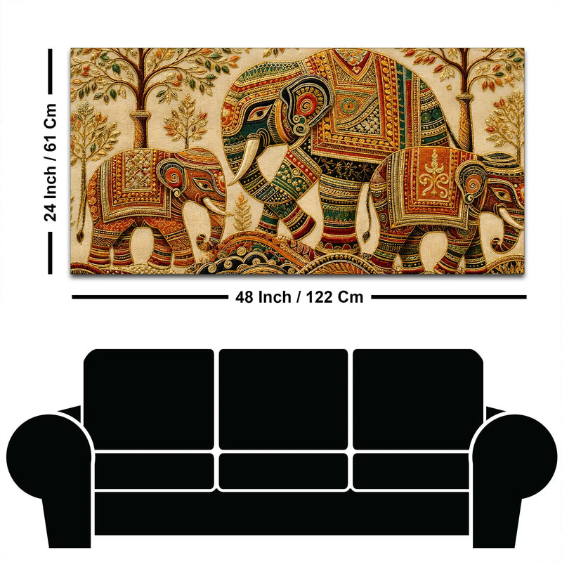 Ornate Elephant Family Embroidered Tanjore Style 3D Canvas Wall Painting