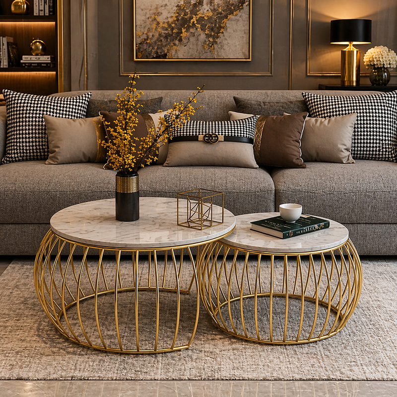 Ornate Rounded Metallic Marble Nested Coffee Table Set of 2