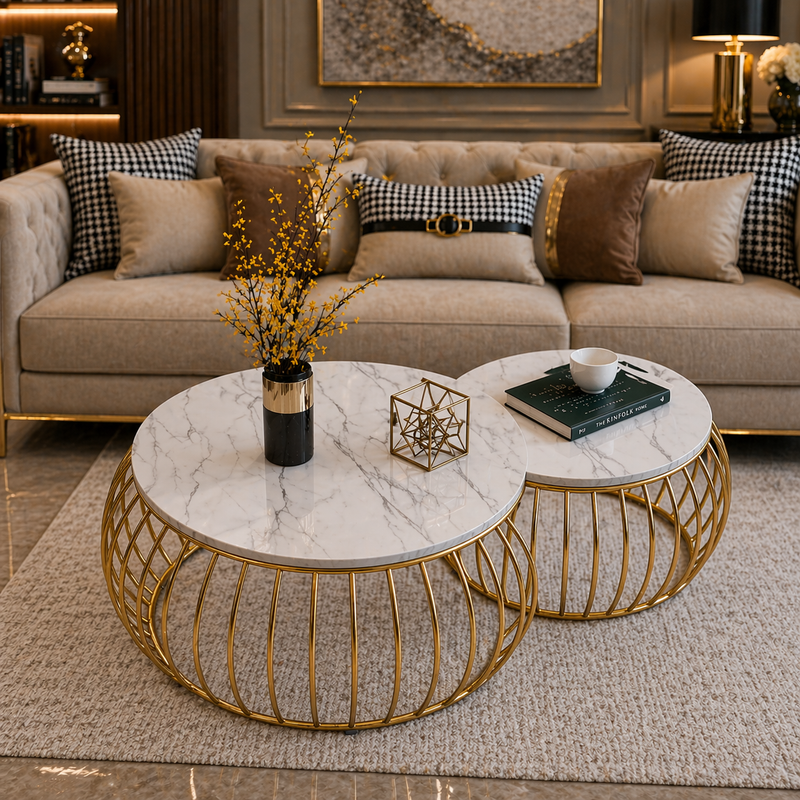 Ornate Rounded Metallic Marble Nested Coffee Table Set of 2