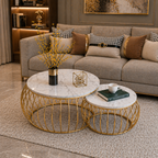 Ornate Rounded Metallic Marble Nested Coffee Table Set of 2