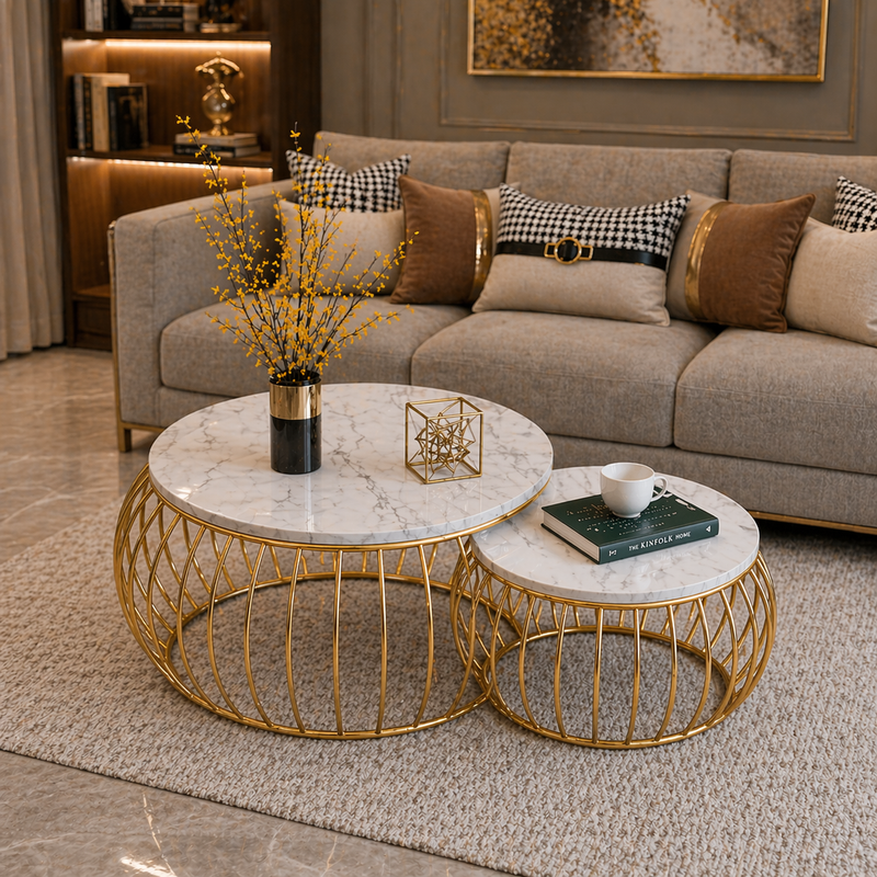 Ornate Rounded Metallic Marble Nested Coffee Table Set of 2