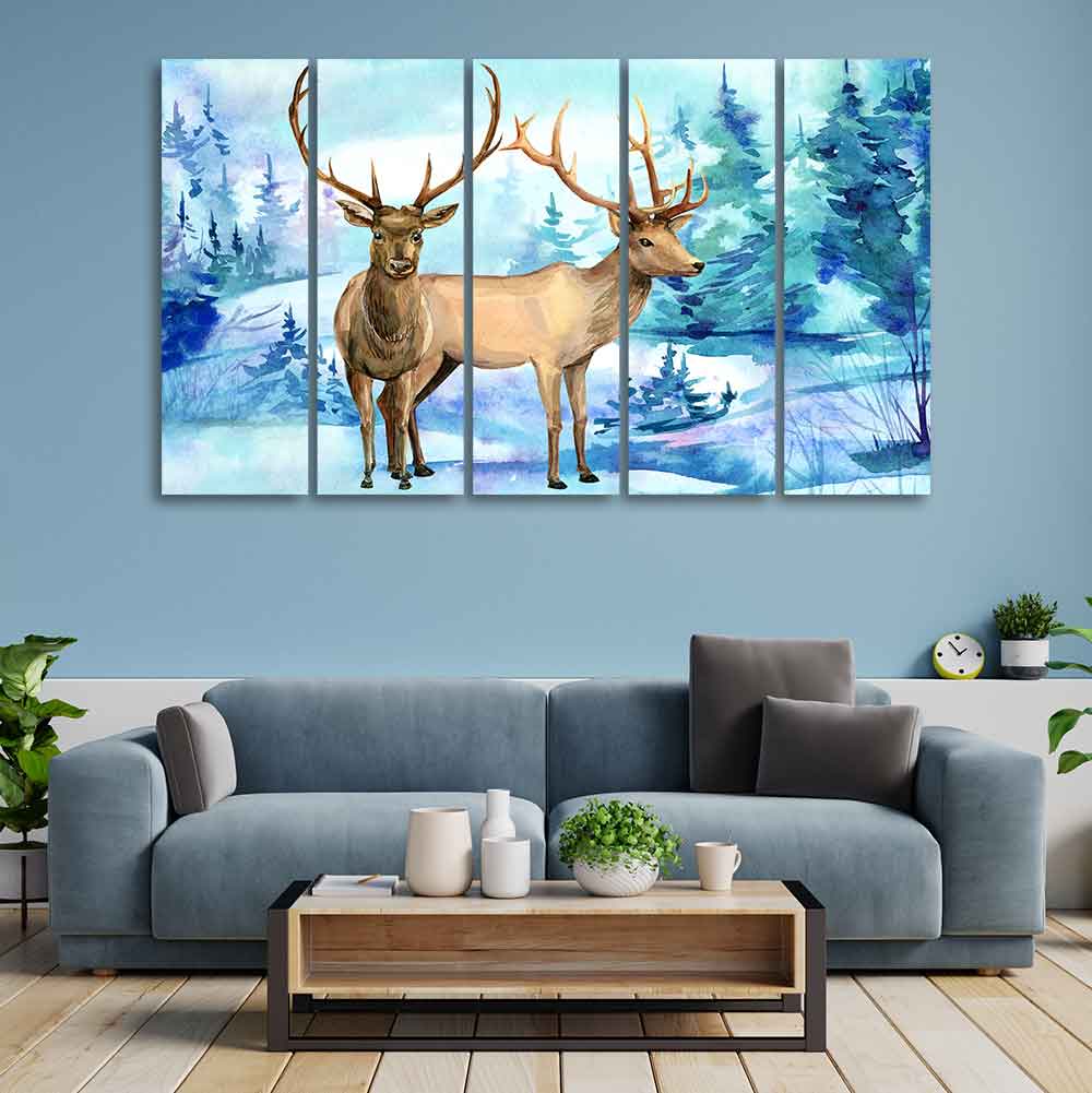 Pair of Deer in Snow Covered Forest Five Pieces Wall Painting