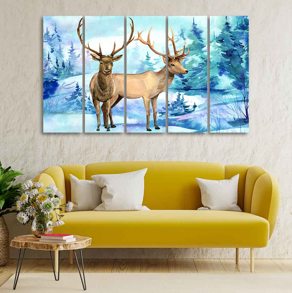 Pair of Deer in Snow Covered Forest Five Pieces Wall Painting