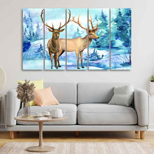 Pair of Deer in Snow Covered Forest Five Pieces Wall Painting