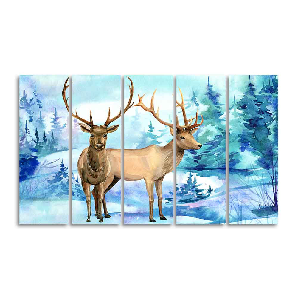 Pair of Deer in Snow Covered Forest Five Pieces Wall Painting