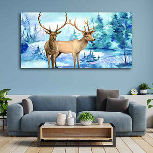 Pair of Deer in Snow Covered Forest Wall Painting