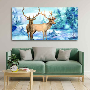 Pair of Deer in Snow Covered Forest Wall Painting