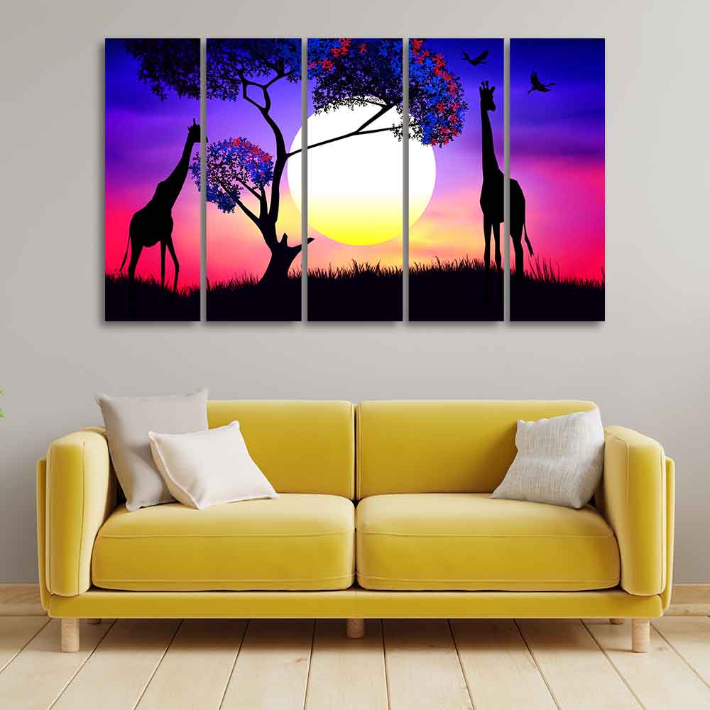 Pair of Giraffe at Night Canvas Wall Painting of Five Pieces