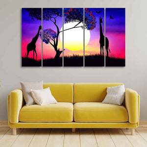 Pair of Giraffe at Night Canvas Wall Painting of Five Pieces