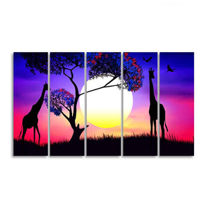 Pair of Giraffe at Night Canvas Wall Painting of Five Pieces