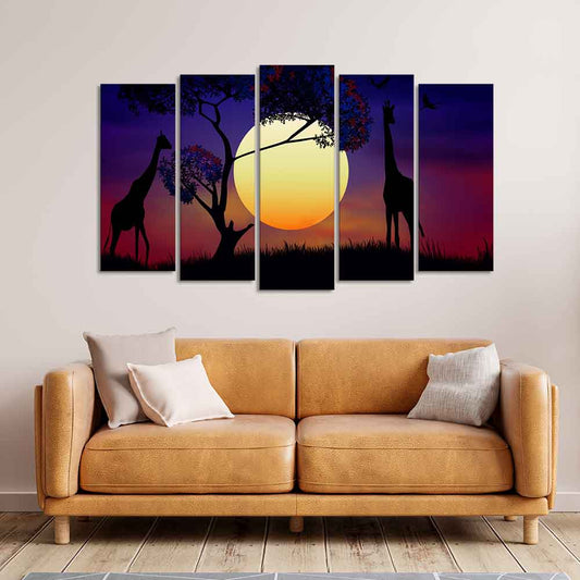 Pair of Giraffe at Night Canvas Wall Painting Set of Five Pieces