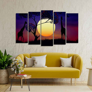 Pair of Giraffe at Night Canvas Wall Painting Set of Five Pieces