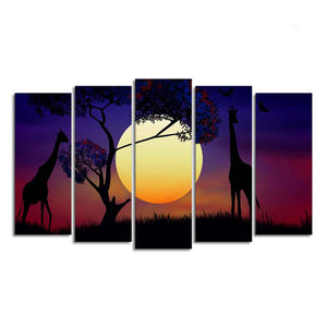 Pair of Giraffe at Night Canvas Wall Painting Set of Five Pieces