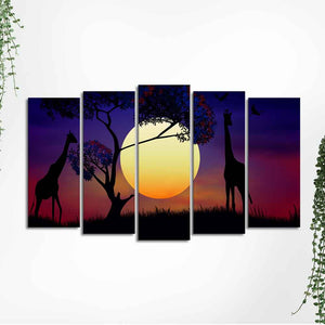 Pair of Giraffe at Night Canvas Wall Painting Set of Five Pieces