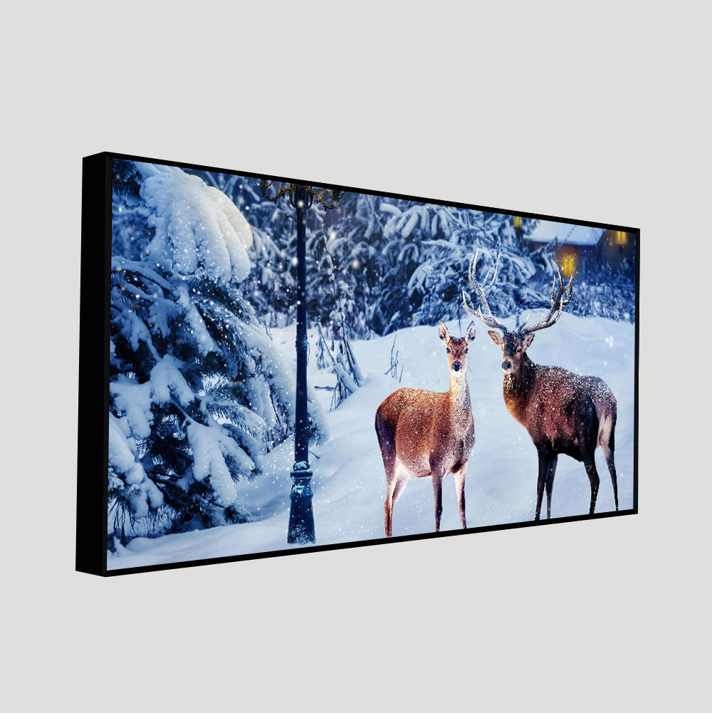 Pair of Red Deer in Snowy Forest Premium Wall Painting