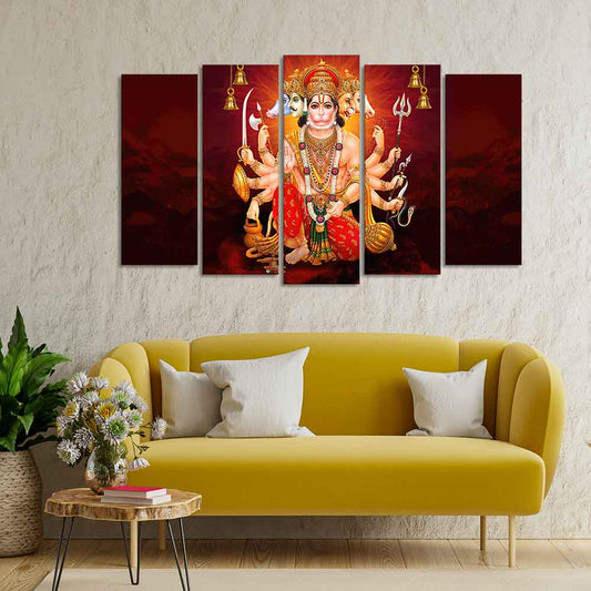 Panchmukhi Bajrangbali Canvas Wall Painting of Five Pieces