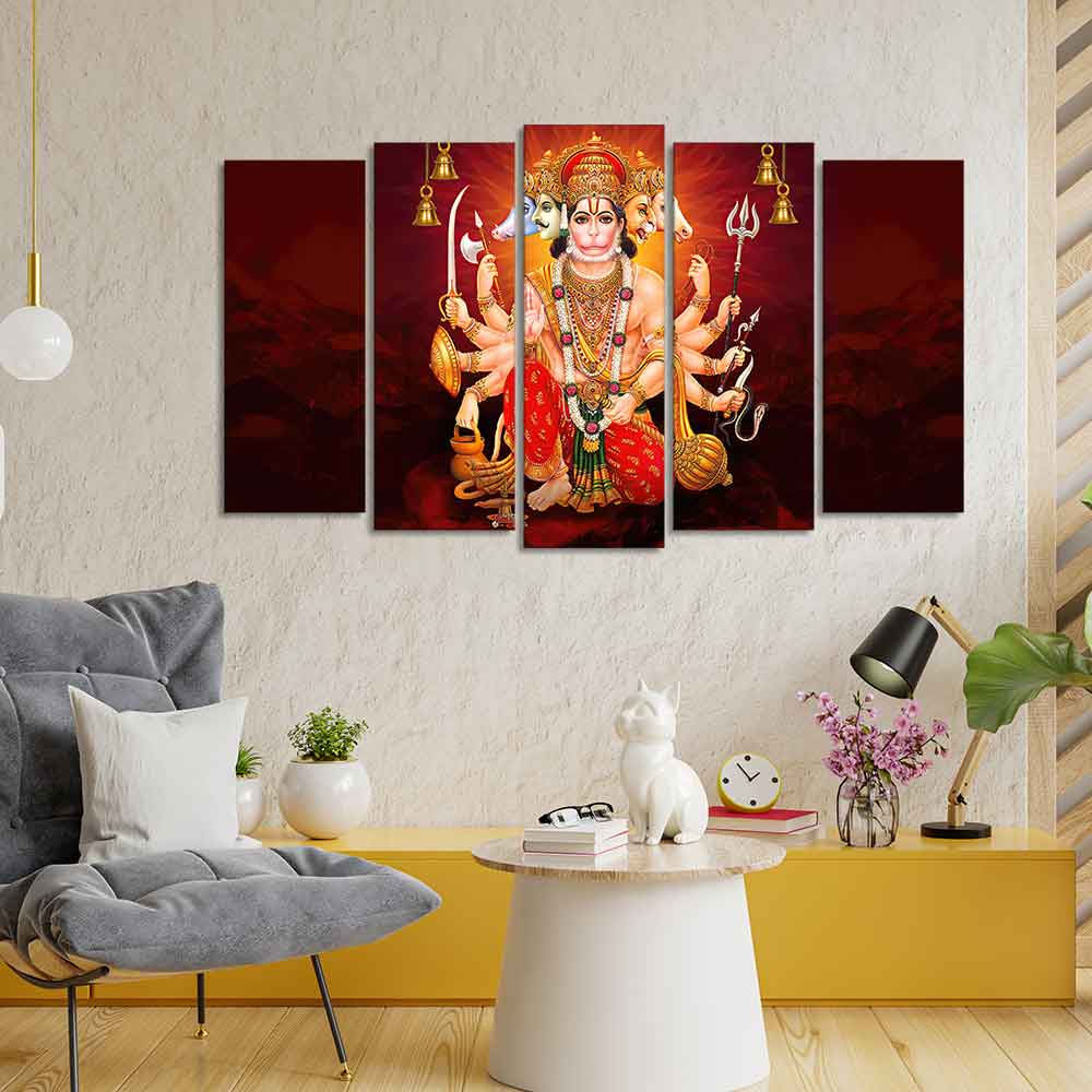 Panchmukhi Bajrangbali Canvas Wall Painting of Five Pieces