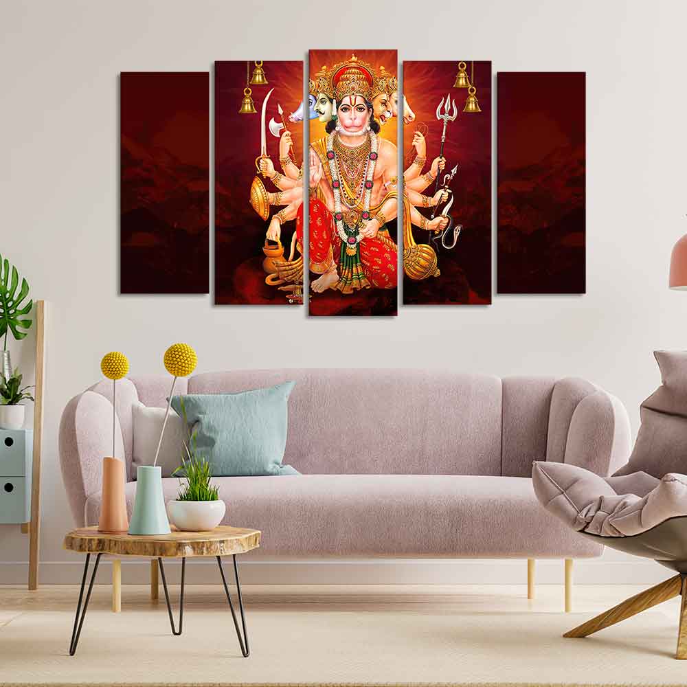 Panchmukhi Bajrangbali Canvas Wall Painting of Five Pieces