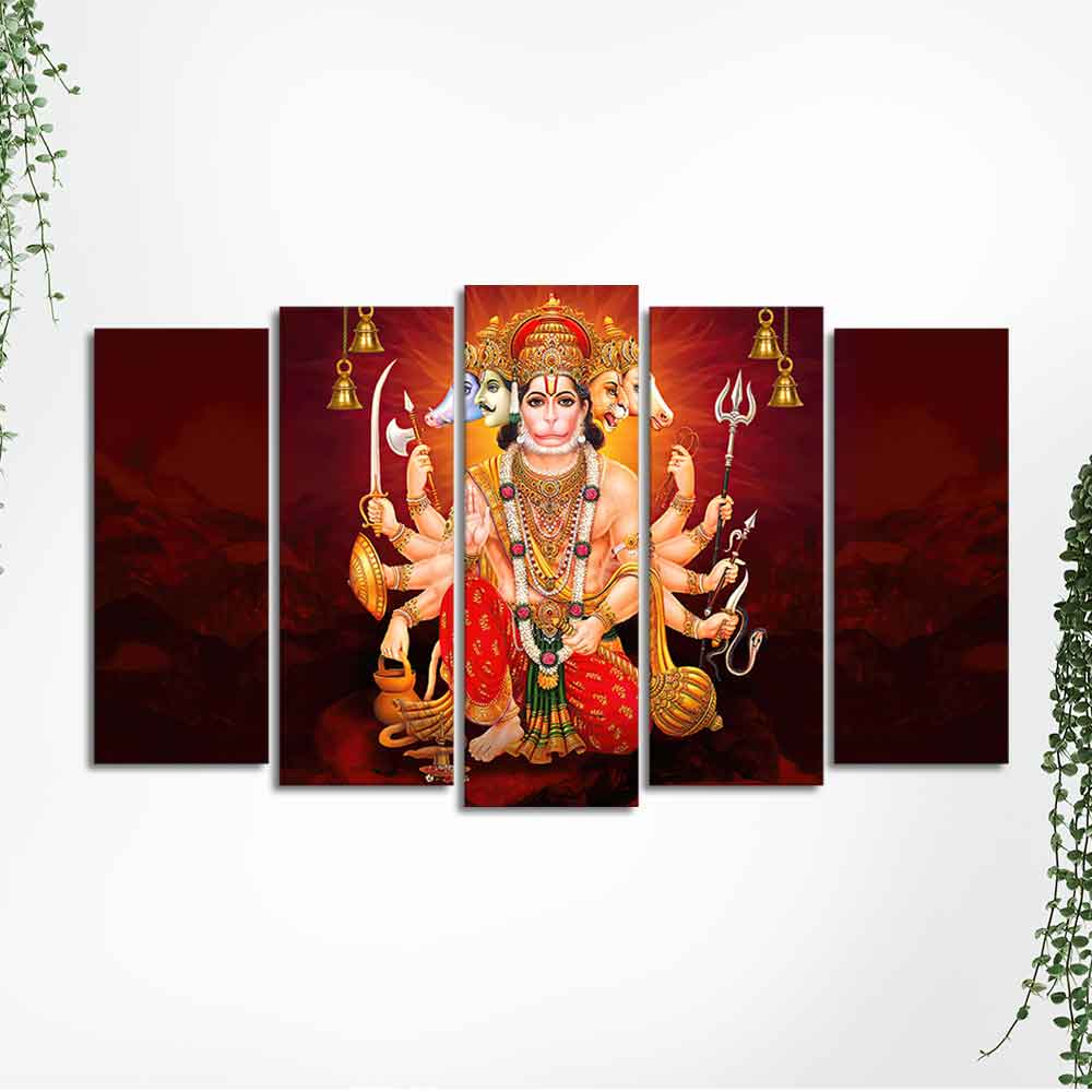 Panchmukhi Bajrangbali Canvas Wall Painting of Five Pieces