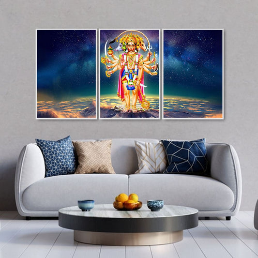 Panchmukhi Bajrangbali Scenery Floating Canvas Wall Painting Set of Three