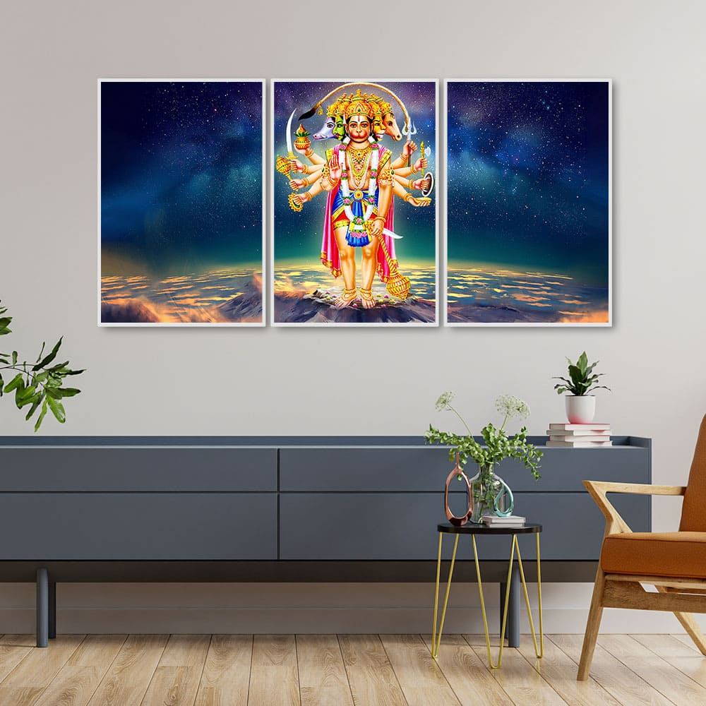 Panchmukhi Bajrangbali Scenery Floating Canvas Wall Painting Set of Three