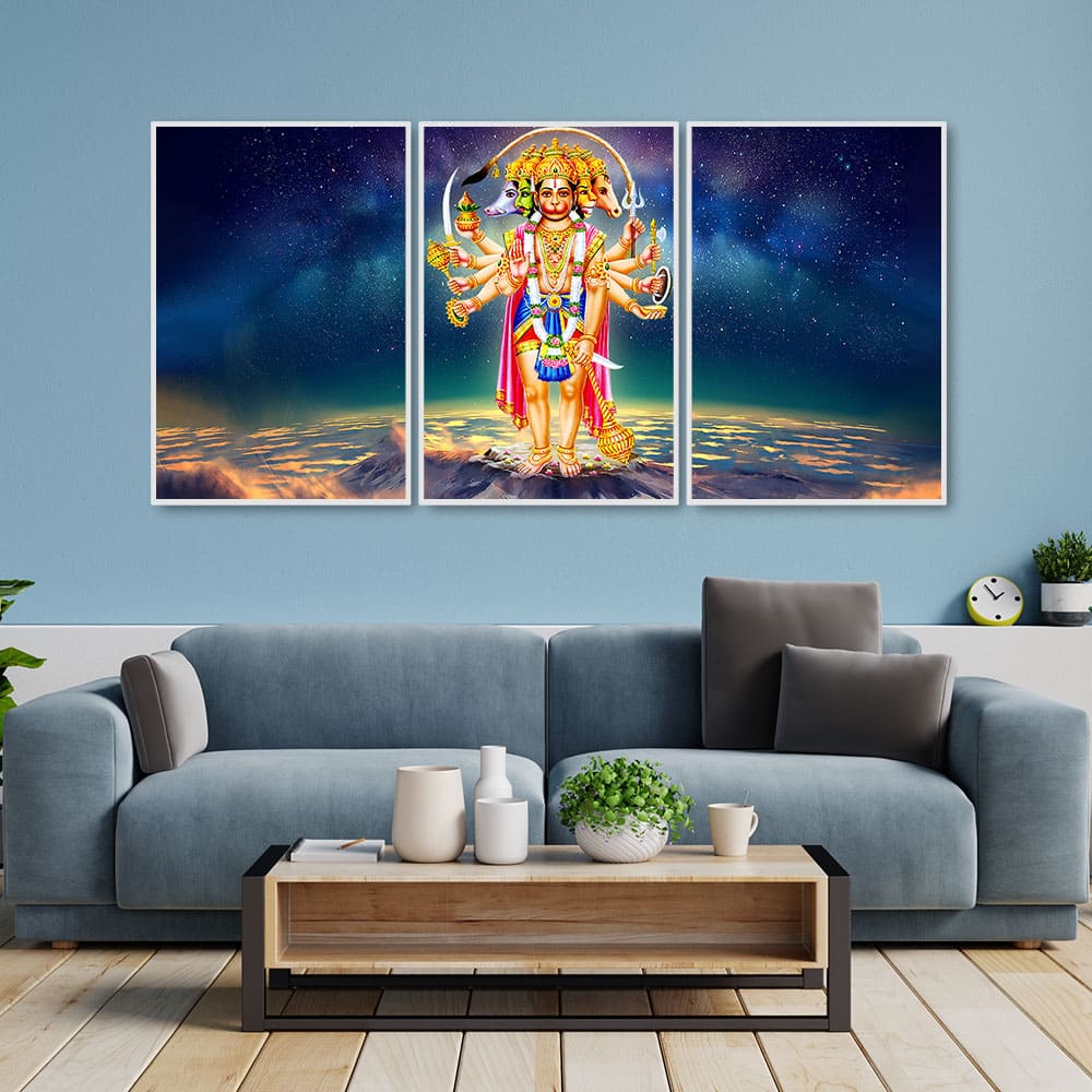 Panchmukhi Bajrangbali Scenery Floating Canvas Wall Painting Set of Three