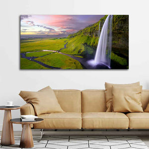 Panoramic Canvas Wall Painting of Unreal view of Waterfall at Sunset