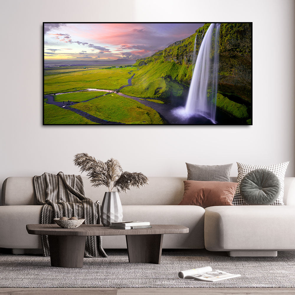 Panoramic Canvas Wall Painting of Unreal view of Waterfall at Sunset