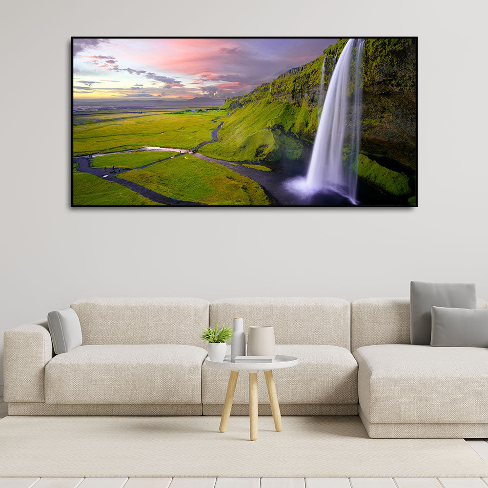 Panoramic Canvas Wall Painting of Unreal view of Waterfall at Sunset