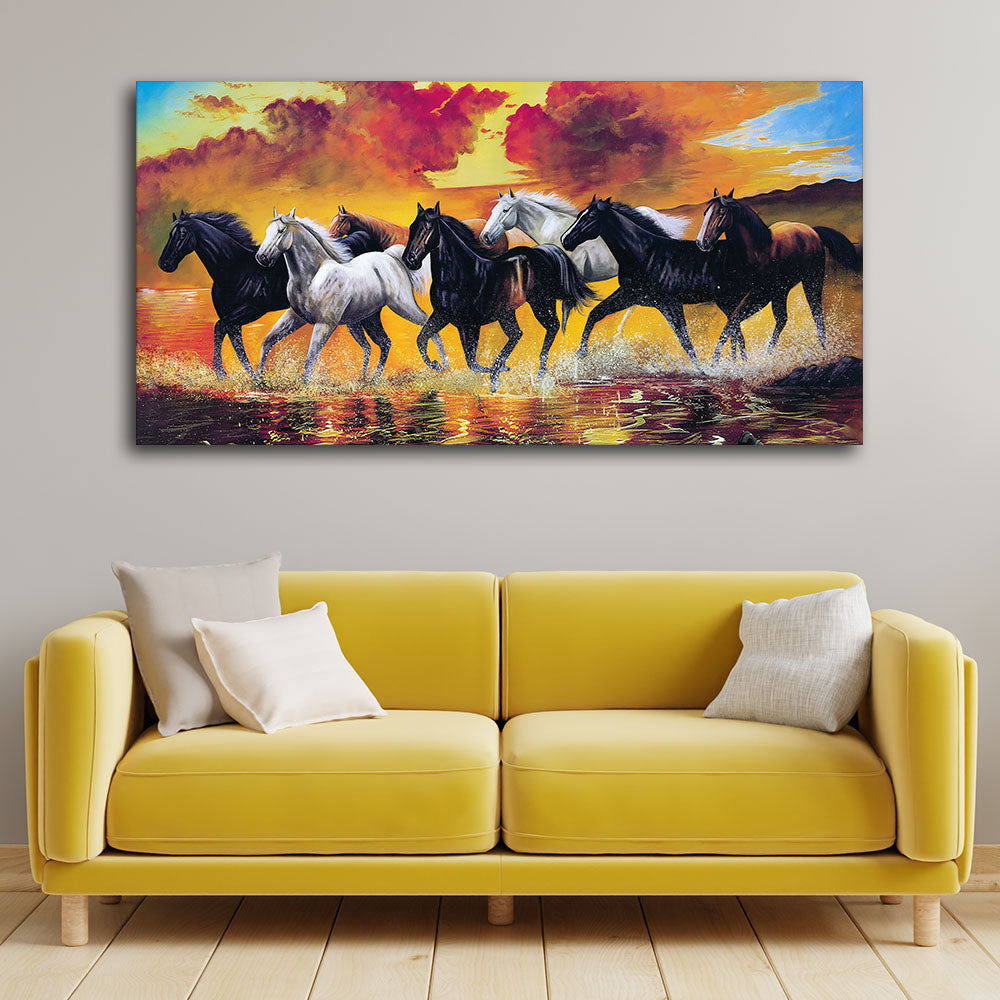 Panoramic Running Seven Horses Abstract Wall Painting