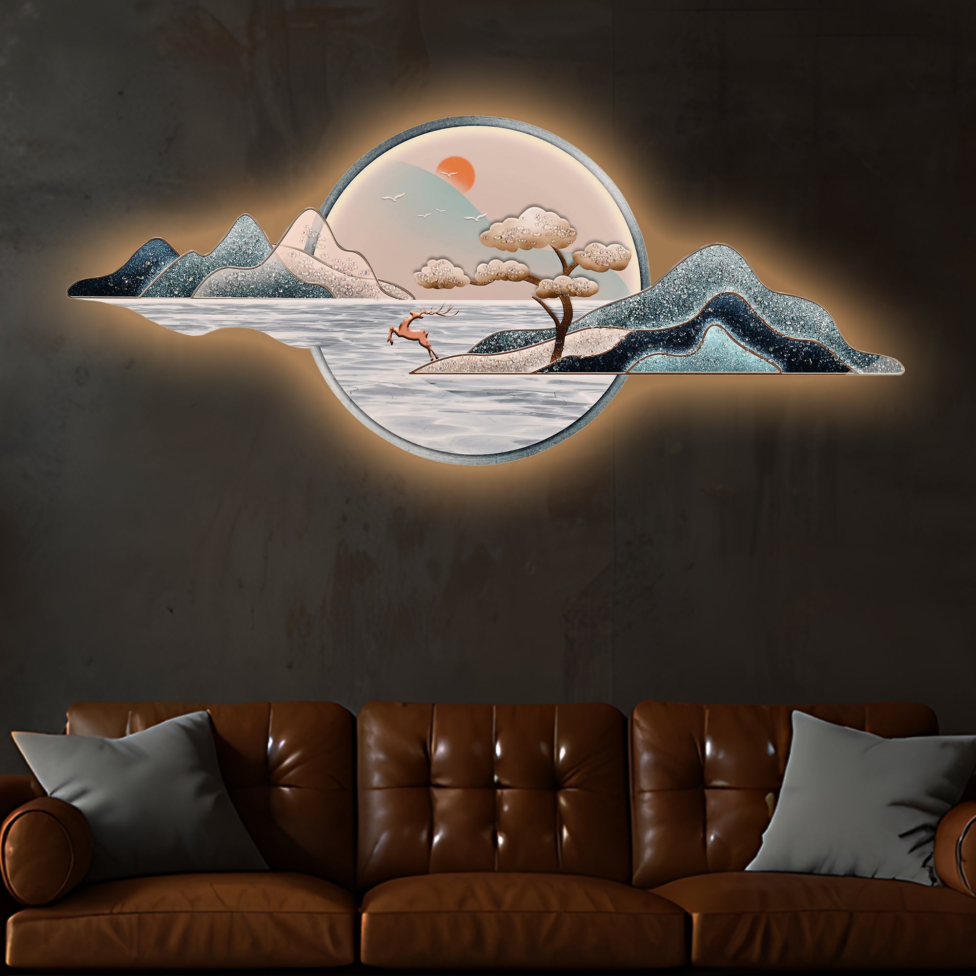 Paradise In Mountain Crystal Glass Backlit LED Painting