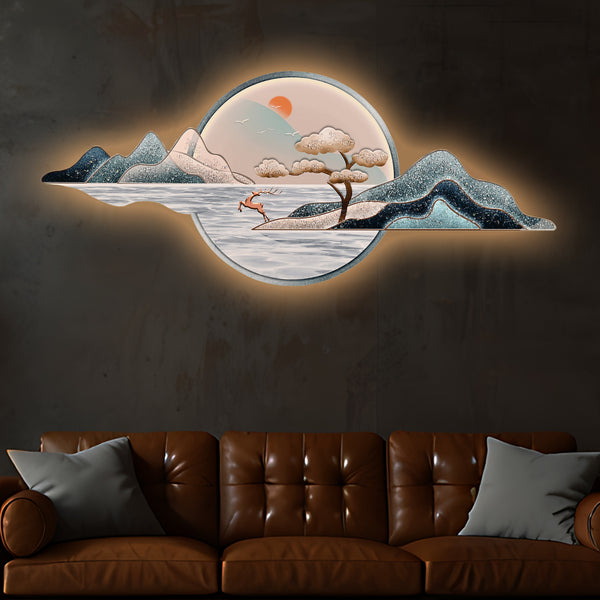 Paradise In Mountain Crystal Glass Backlit LED Painting