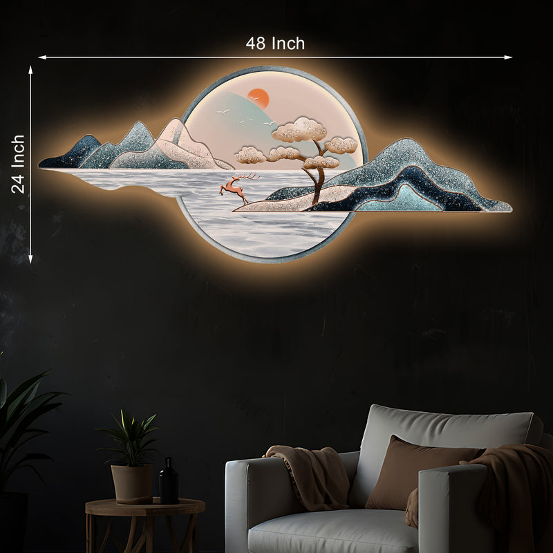 Paradise In Mountain Crystal Glass Backlit LED Wall Art