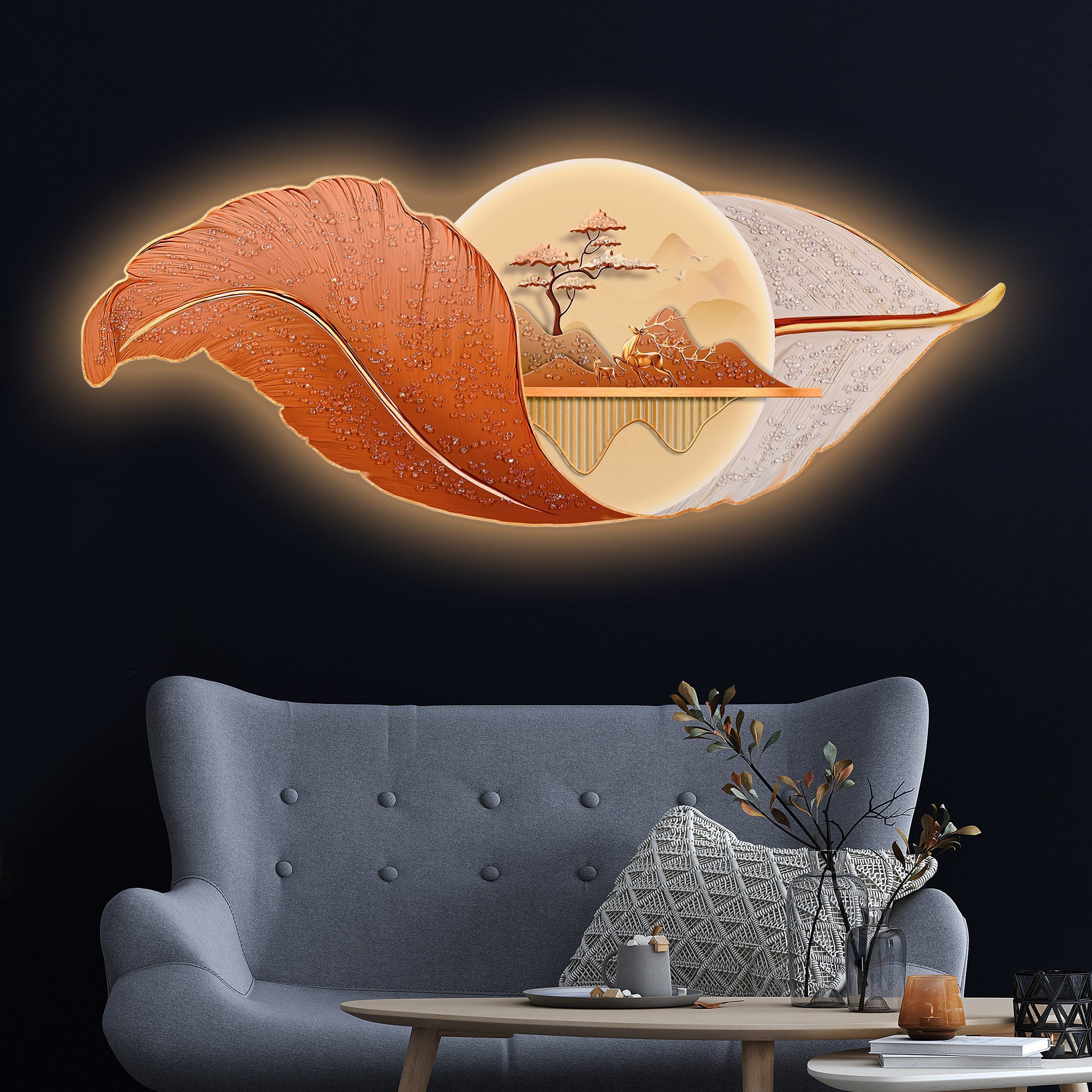 Peace In a Golden Leaf Crystal Glass Backlit LED Painting
