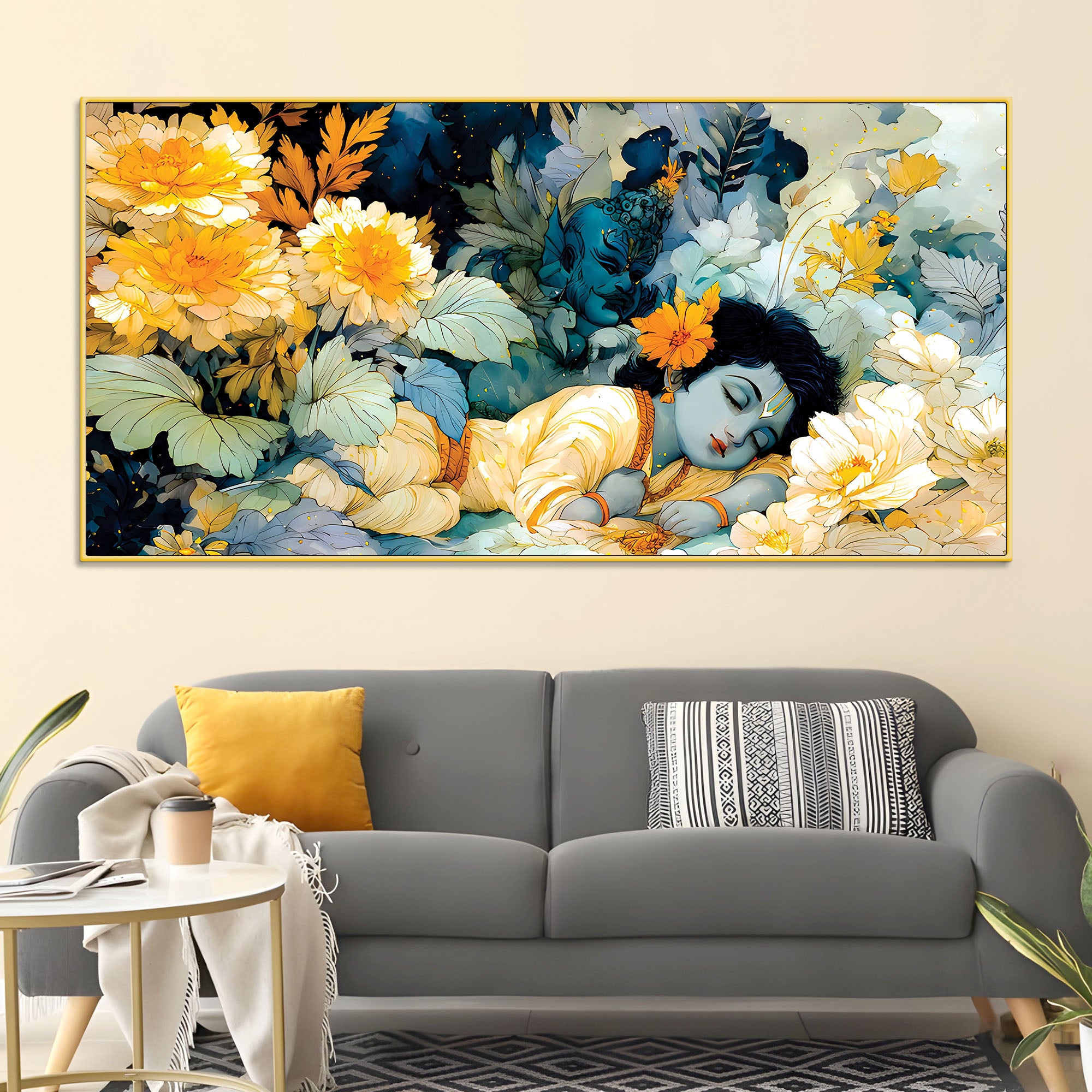 Peaceful Baby Krishna Sleeping Painting with Floral Theme