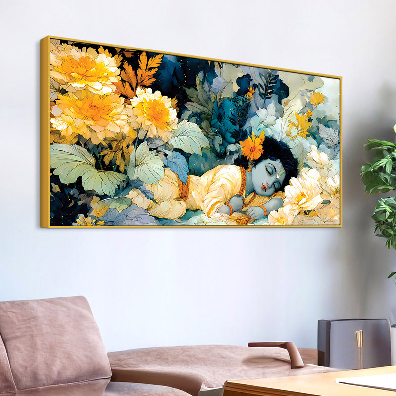 Peaceful Baby Krishna Sleeping Painting with Floral Theme