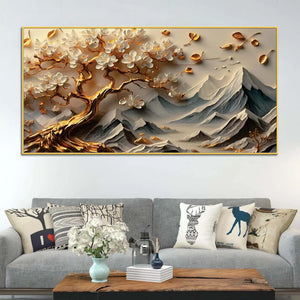 Peaceful Blossom Tree and Mountain Canvas Wall Painting