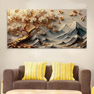 Peaceful Blossom Tree and Mountain Canvas Wall Painting
