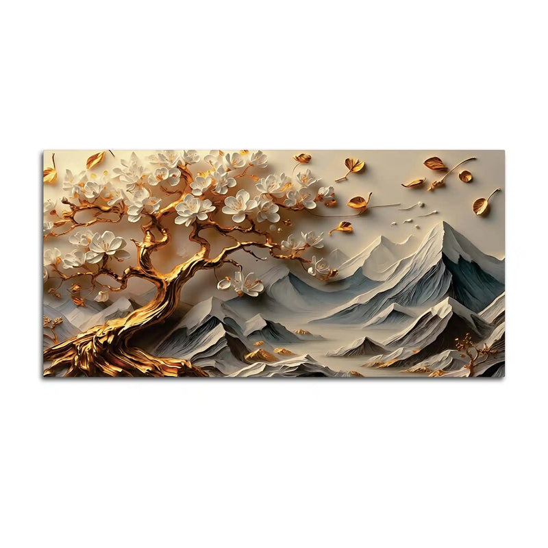 Peaceful Blossom Tree and Mountain Canvas Wall Painting
