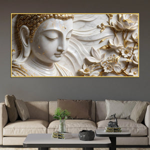 Peaceful Buddha Face with Golden Floral Elegance 3D Canvas Wall Painting