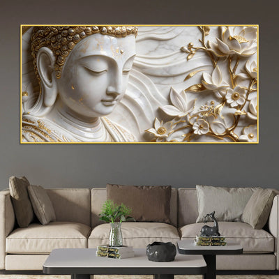 Peaceful Buddha Face with Golden Floral Elegance 3D Canvas Wall Painting