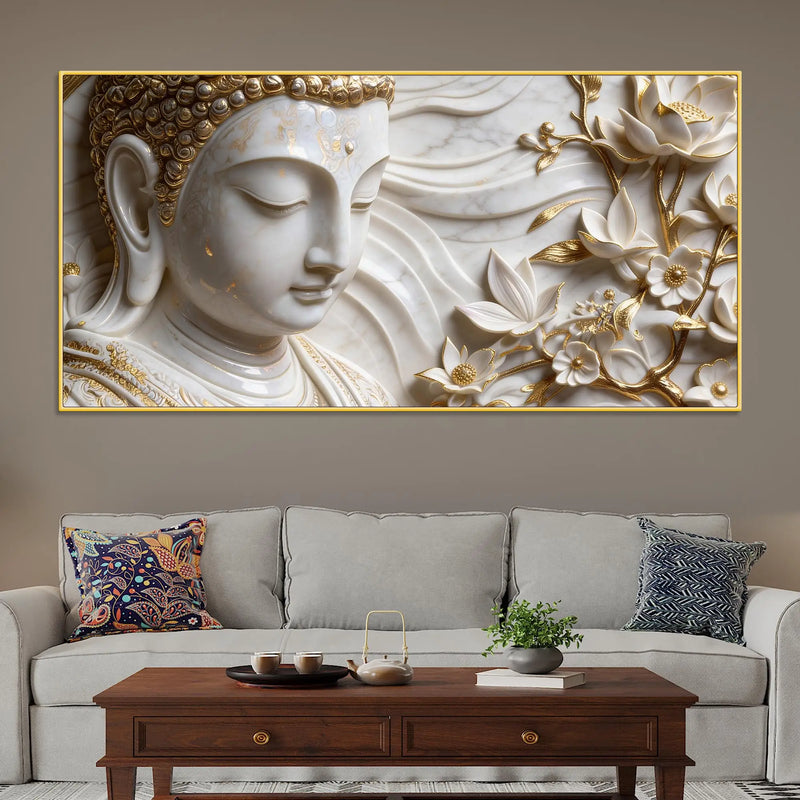 Peaceful Buddha Face with Golden Floral Elegance 3D Canvas Wall Painting
