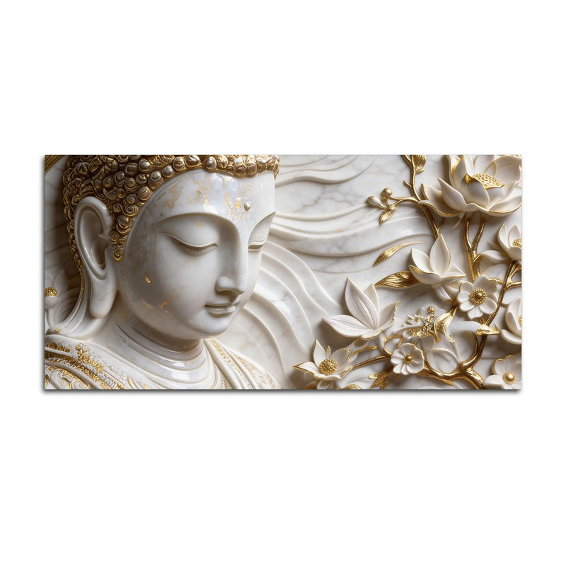 Peaceful Buddha Face with Golden Floral Elegance 3D Canvas Wall Painting
