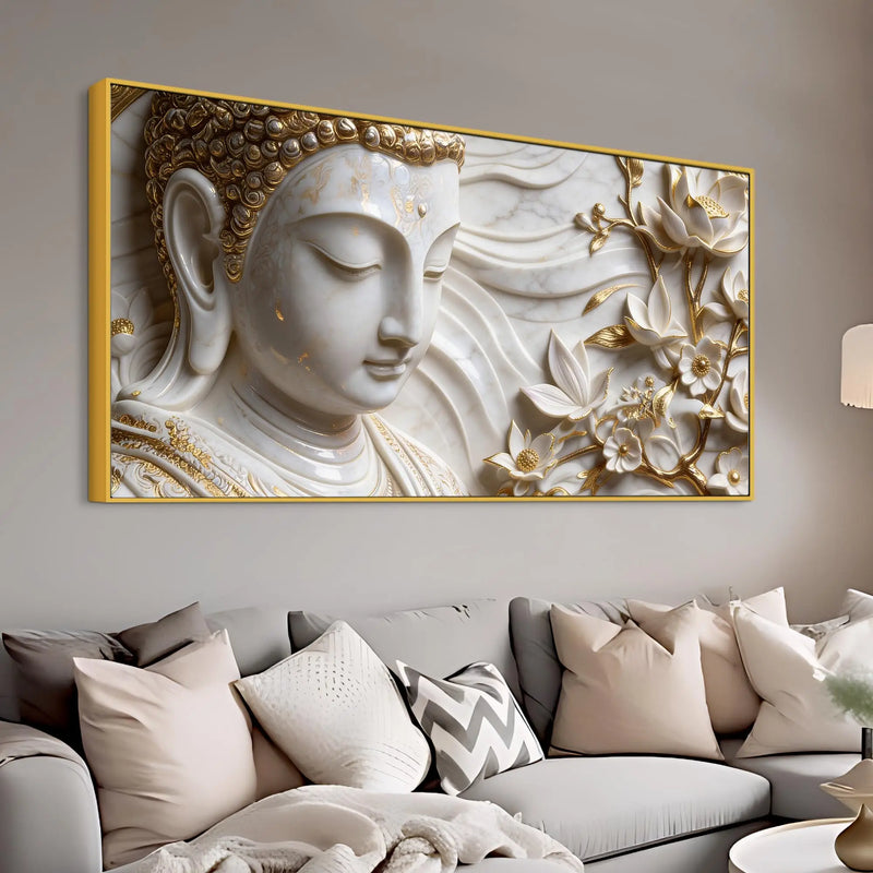 Peaceful Buddha Face with Golden Floral Elegance 3D Canvas Wall Painting