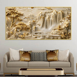 Peaceful Oriental Mountain and Cascading Waterfalls 3D Canvas Wall Painting