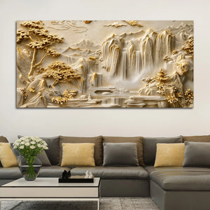 Peaceful Oriental Mountain and Cascading Waterfalls 3D Canvas Wall Painting