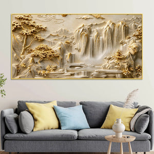 Peaceful Oriental Mountain and Cascading Waterfalls 3D Canvas Wall Painting