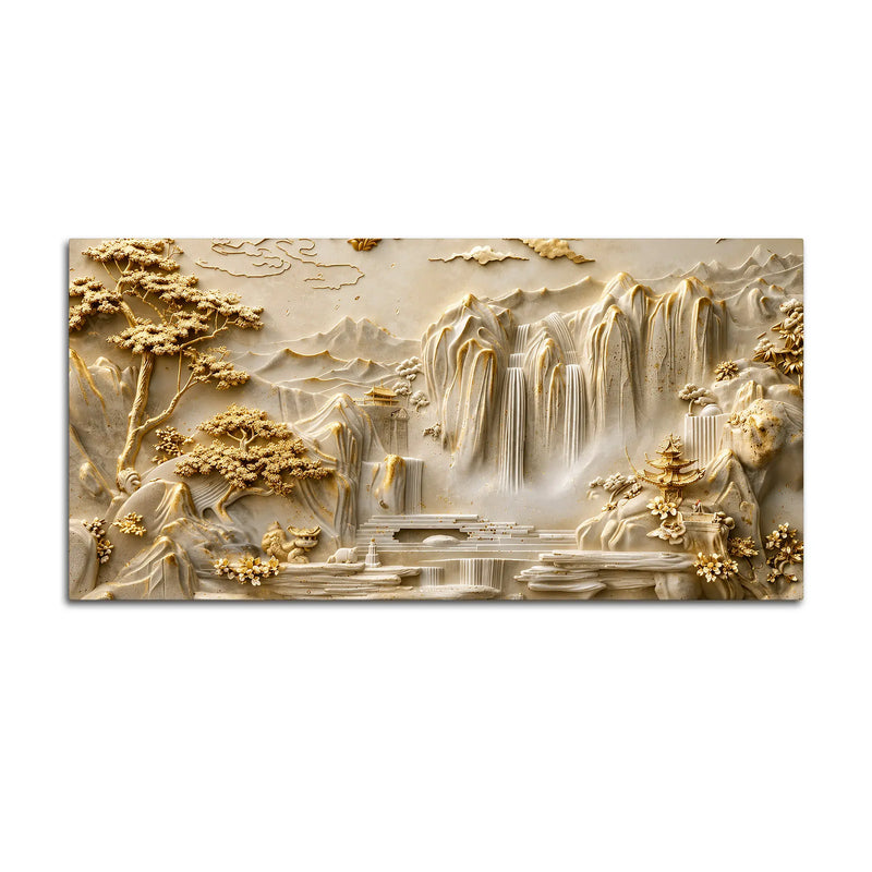 Peaceful Oriental Mountain and Cascading Waterfalls 3D Canvas Wall Painting