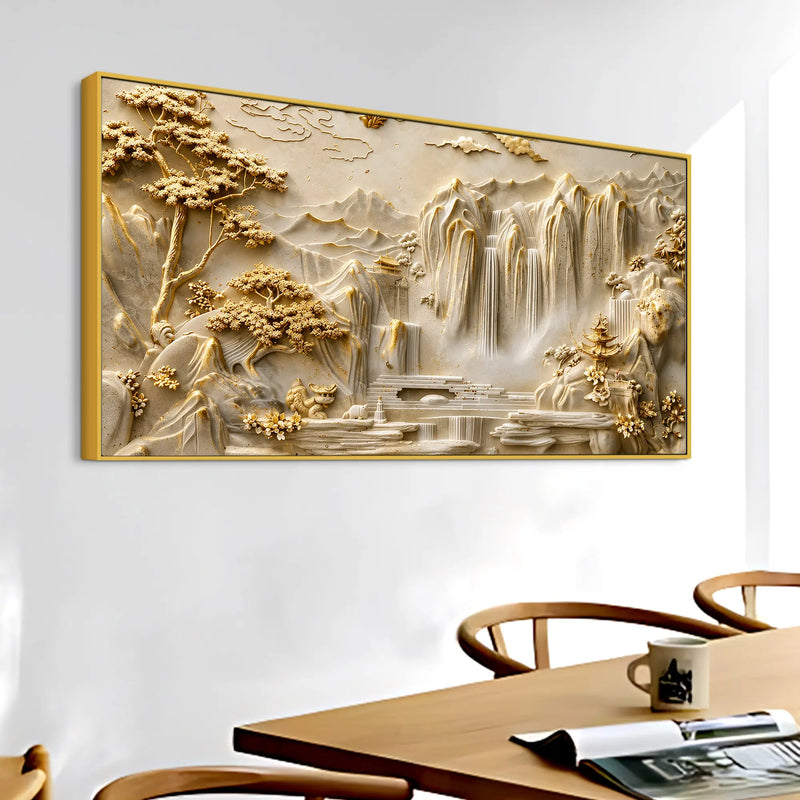 Peaceful Oriental Mountain and Cascading Waterfalls 3D Canvas Wall Painting