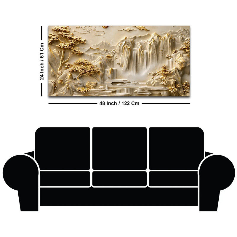 Peaceful Oriental Mountain and Cascading Waterfalls 3D Canvas Wall Painting